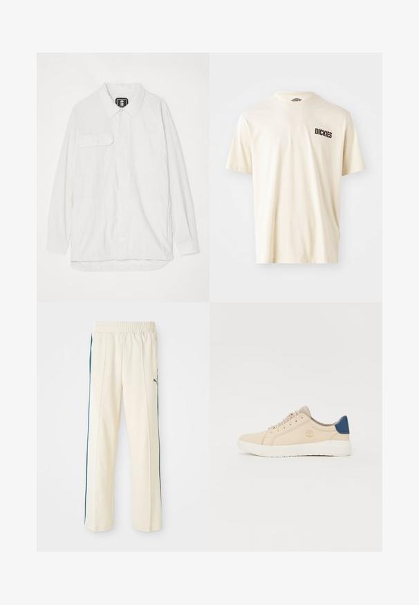 Witte button-up shirt van textuurstof, met een kraag, twee voorzakken en een gebogen zoom met een iets langere achterkant.; Lichtbeige katoenen t-shirt met korte mouwen en een ronde hals. Heeft een donkerbruine logo tekst "DICKIES" op de linker borstopper.; Crèmewitte trainingsbroek met een gestructureerde afwerking, voorzien van donkergroene zijstrepen en een elastische tailleband. Iconisch logo op de heup.; Beige sneakers van suede, voorzien van een witte zool, beige veters en een blauwe accent op de hak. Logo ingebosseld aan de zijkant.