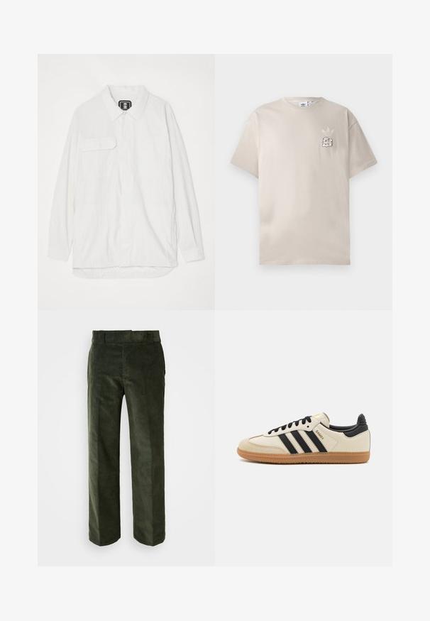 Witte button-up shirt van textuurstof, met een kraag, twee voorzakken en een gebogen zoom met een iets langere achterkant.; Beige katoenen t-shirt met een ronde hals, korte mouwen en een subtiele grafische logo op de linkerkant van de borst. Zachte textuur, eenvoudig ontwerp.; Donkergroene corduroy broek met een recht model, voorzien van een vlakke tailleband en zijzakken. Zachte textuur met verticale ribbels.; Beige sportieve schoen met zwarte strepen, gumrubberen zool en zwarte accenten. Beschikt over een gladleren bovenkant en een ronde neusdesign.