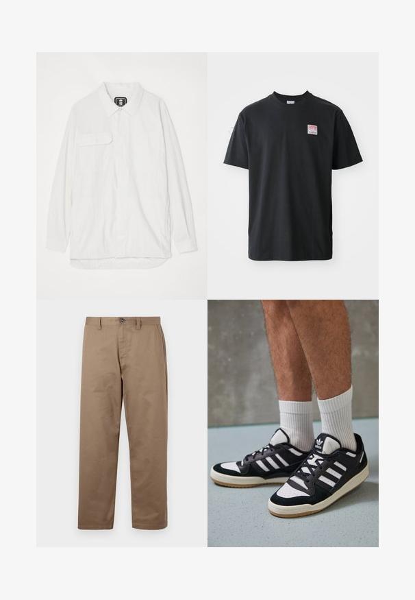 White button-up shirt made of textured fabric, featuring a collar, two front pockets, and a curved hem with a slightly longer back.; Black cotton t-shirt with a crew neck, short sleeves, and a small colored label on the left chest featuring the word "SUPERIOR."; Brown cotton trousers with a straight-leg cut, featuring a button closure, side pockets, and a smooth texture. No visible patterns or accents.; Black and white sneakers with a suede and leather upper, featuring three white stripes, a perforated toe, and a gum rubber sole.