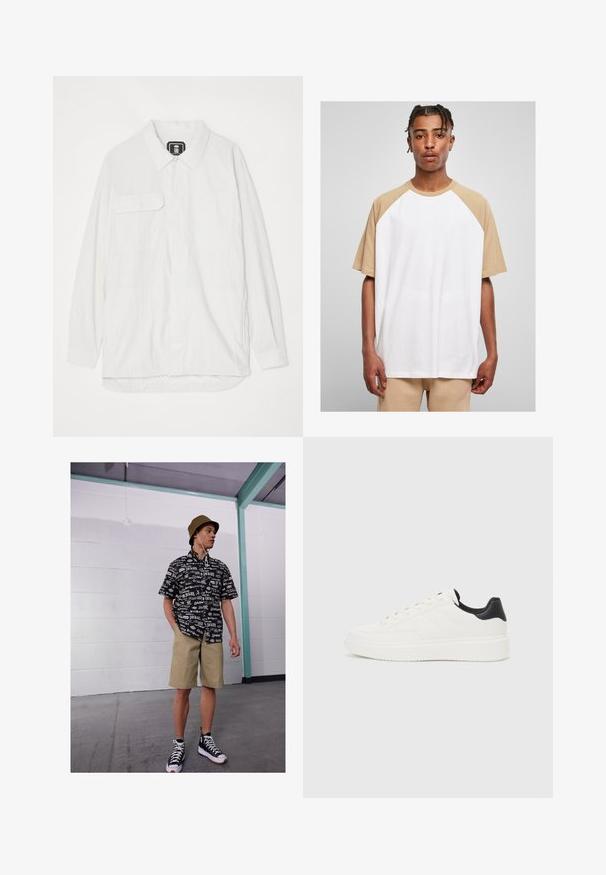 Balta mygtukų marškiniai, pagaminti iš tekstūruotos medžiagos, su apykakle, dviem priekinėmis kišenėmis ir lenktu apačiu, kurioje nugara yra šiek tiek ilgesnė.; Balta trumpa rankovėmis marškinėliai su smėlio spalvos raglan rankovėmis. Lygus audinys, laisvas kirpimas ir apvalus iškirpimas, su tiesiu apatine dalimi.; Juoda ir balta trumpa rankovė marškiniai su logotipų raštu, chaki spalvos šortai ir juodi aukšti sportbačiai. Bežinė kibiro skrybėlė ir kelnės matomos.; Balti odiniai sportbačiai su įspaustu raštu, tekstūruotas baltas vidpadis ir juodas kulno akcentas. Ypatybės: apvalus pirštas ir plokščios batraiščiai.