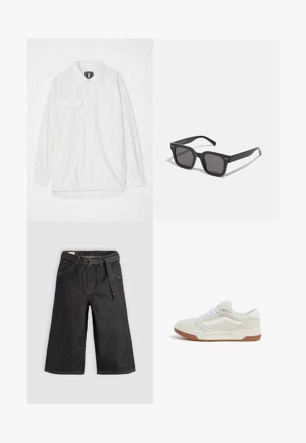 Bílá košile s knoflíky vyrobená z texturované látky, se límcem, dvěma předními kapsami a zakřiveným zdrhnutím, které je vzadu o něco delší.; Bílý bavlněný tričko s krátkým rukávem, které obsahuje výrazný černý grafický text "NOTORIOUS" a design "WORLD TOUR 1990" níže v opotřebovaném tisku.; Tmavé džínové culottes s širokým střihem, poutky na opasek a tkaným páskem. Kontrastní švy a kapsy po stranách.; Pánské tenisky ve světle šedé semišové úpravě s bílými tkaničkami, gumovou podešví v barvě hnědého gumového materiálu, s prošívanými detaily a perforovanými prvky.; Černé obdélníkové sluneční brýle s tmavými skly, disponující silným rámem, decentními akcenty po stranách a bez viditelných log kromě názvu značky.