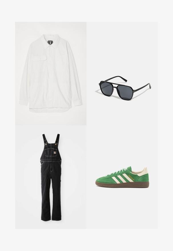 White button-up shirt made of textured fabric, featuring a collar, two front pockets, and a curved hem with a slightly longer back.; Black denim overalls feature adjustable straps, a front pocket, and gold hardware accents. The fabric has a textured, sturdy appearance.; Green suede sneaker with white three-stripe design, cream accents, and brown textured sole. "SPEZIAL" embroidered in gold on the side.; Black sunglases with octagonal frame, dark lenses, glossy finish, thin temples, and gold accents on the front.