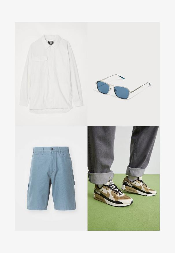 Balta mygtukų marškiniai, pagaminti iš tekstūruotos medžiagos, su apykakle, dviem priekinėmis kišenėmis ir lenktu apačiu, kurioje nugara yra šiek tiek ilgesnė.; Mėlynos medvilninės cargo šortai su tiesiu kirpimu, su priekinėmis ir šoninėmis kišenėmis, mygtuko uždarymu ir tekstūruotu audiniu.; Nike Air Max 90 sportbačiai smėlio ir juodos spalvos, pagaminti iš akių ir odos medžiagų, matoma amortizacija ir juodi raišteliai.; Akiniai nuo saulės su sidabro metalo rėmu, stačiakampiais mėlynais objektyvais ir plonomis kojelėmis. Akcentai mėlynos spalvos ant šventyklų galiukų.