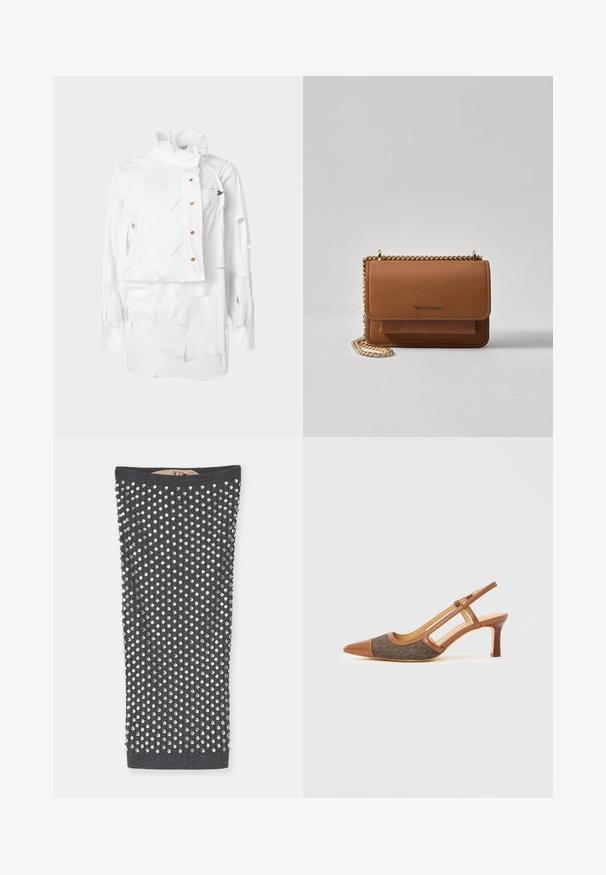 Bílá košile s pevně tvarovaným límečkem, asymetrickým designem, zapínáním na knoflíky a texturovanou látkou s vrstvenými výřezy a malým logem.; Charcoal šedý tube top zdobený stříbrnými kameny v mřížkovaném vzoru, s žebrovanou texturou a hladkým vnitřkem.; Hnědá kožená lodička na podpatku se špičatou špičkou, s tmavým vzorovaným látkovým panelem a stohovaným podpatkem. Otevřené boky a hladký povrch.; Hnědá texturovaná kožená kabelka přes rameno se zlatým řetízkovým popruhem a klopnovým uzavíráním. Přední strana obsahuje detail loga a kapsu pod klopou.