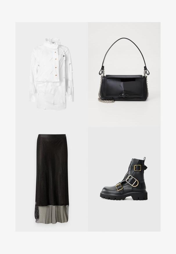 Fehér ing strukturált gallérral, aszimmetrikus kialakítással, gombos záródással és texturált anyagból, rétegezett kivágásokkal és apró logórészlettel.; Fekete hálós midi szoknya, amely illeszkedő derékrésszel, nyitott gyémántmintával és alul bolyhos béléssel rendelkezik a fokozott mozgás és textúra érdekében.; Fekete bőr bokacsizma vastag talppal, több pánttal és arany színű kiegészítőkkel. Simára csiszolt felület, robosztus dizájn.; Fekete lakkbőr kézitáska téglalap alakú, láncos vállpánttal és középen egy jellegzetes fém díszítéssel. Simaszerkezet.