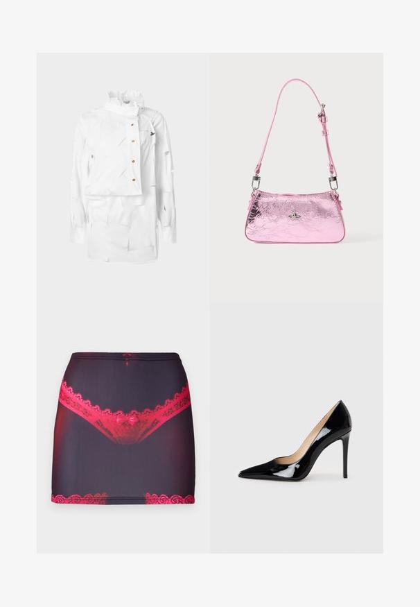 Wit overhemd met een gestructureerde kraag, asymmetrisch ontwerp, knoopsluiting en een textuurstof met gelaagde uitsnijdingen en een klein logodetail.; Zwarte mini-jurk van stof met een rode kantafwerking aan de bovenkant en de zoom, versierd met een grafische print van rode kanten onderlijfjes aan de voorkant.; Zwarte lakleren hoge hakpumps met een puntige neus en een slanke silhouet. Heeft een gladde, glanzende afwerking en een slanke stilettohak.; Roze metallic handtas met een geplooide textuur, een verstelbare riem en zilverkleurige hardware. Heeft een klein embleem aan de voorkant.