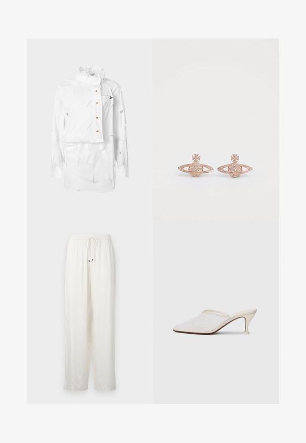 White shirt with a structured collar, asymmetric design, button closure, and textured fabric featuring layered cutouts and small logo detail.; White, lightweight, loose-fitting pants with an elastic waist and drawstring. Features subtle sheen and straight leg design.; White mesh pointed-toe mule with a slim mid-height heel and slip-on design against a plain background.; Rose gold earrings featuring a geometric design with circular accents and a cross motif, embellished with small clear crystals.