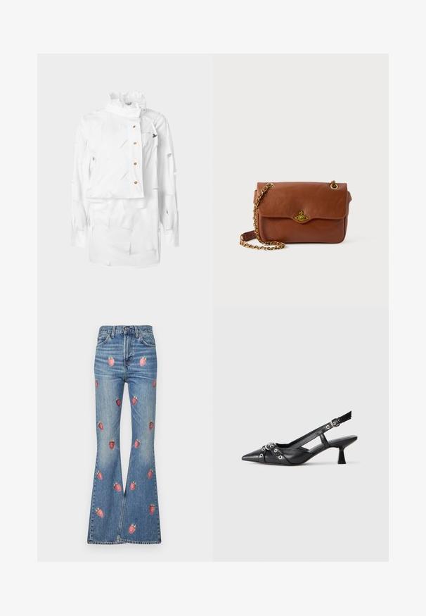 White shirt with a structured collar, asymmetric design, button closure, and textured fabric featuring layered cutouts and small logo detail.; Flared denim jeans in light blue, featuring red strawberry embroidery throughout. High-waisted with traditional five-pocket design.; Black leather slingback shoe with a pointed toe, decorative straps featuring metal eyelets, and a low block heel. Textured surface.; Brown leather crossbody bag with a flap closure, gold hardware, and a chain strap. Smooth texture, rectangular shape, minimal detailing.