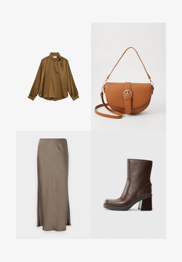 Brun silkebluse med knyting i kragen, lange ermer og knappdetaljer på skuldrene. Myk tekstur og løs passform.; Lang, tettsittende skjørt i en dempet taupefarge, laget av glatt stoff med sidelommer for enkel bevegelse. Rent, enkelt design.; Brune lær ankle boot med en rund tå, glat tekstur og en chunky træhæle. Sidesøm detalje og subtil glans.; Brun lærcrossbody-veske med en buet form, gullhardware og et spenneakcent. Har en avtakbar skulderreim.
