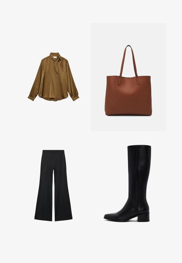 Brown silk blouse with a tie collar, long sleeves, and button accents at the shoulders. Soft texture and relaxed fit.; Black wide-leg pants with a smooth texture, featuring front pleats and a tailored design. The fabric is lightweight and flowy.; Knee-high black leather boots with a pointed toe, block heel, and smooth texture. Features a clean design with minimal detailing.; Brown leather tote bag with a smooth texture, open top design, and two shoulder straps. Features minimal stitching and no visible hardware.
