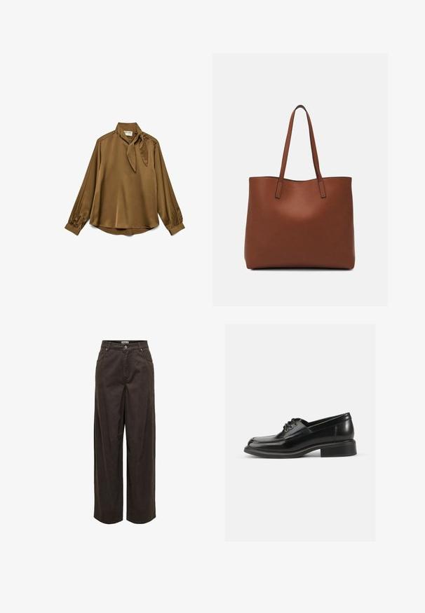 Rjava svila bluza z ovratnikom na vezanje, dolgimi rokavi in gumbi na ramenih. Mehka tekstura in sproščen kroj.; Široke hlače v temno rjavi barvi, izdelane iz bombaža, z klasičnim pasom, zadrgo, petimi žepi in minimalističnimi šivi.; Črne usnjene čevlje za obleko z gladko teksturo, okroglo točko, vezalkami s tremi luknjami in trdim blokastim peto. Preprosta zasnova brez vzorcev.; Rjava usnjena torba z gladko teksturo, odprto zasnovo zgoraj in dvema naramnima trakovoma. Opremljena je z minimalnim šivanjem in brez vidnih kovinskih delov.