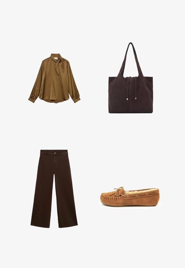Blouse en soie marron avec un col à nouer, des manches longues et des accents de bouton aux épaules. Texture douce et coupe décontractée.; Pantalons large en coton mélangé, couleur marron, avec un ourlet effiloché, une fermeture à bouton à l'avant et un design classique à cinq poches. Minimaliste et polyvalent.; Mocassin en daim marron avec doublure en fourrure, un accent en noeud sur l'orteil et des coutures décoratives sur le dessus. Semelle plate en caoutchouc.; Mango Cabas - dark brown