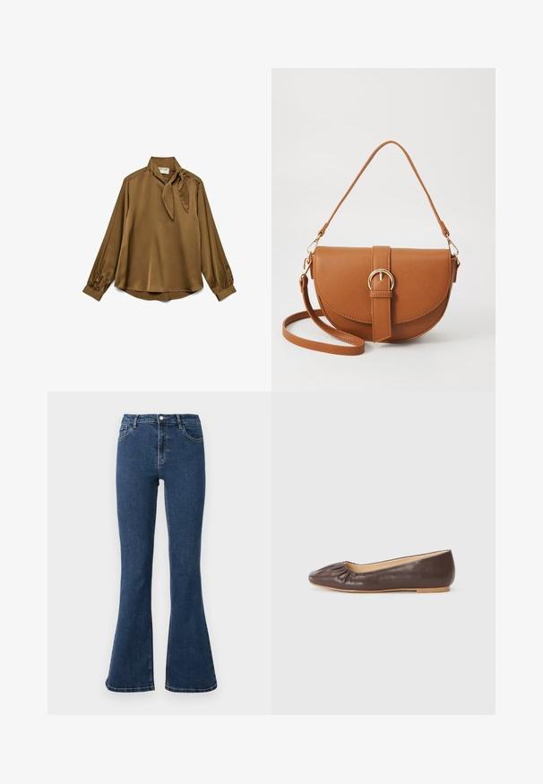 Blusa de seda marrón con cuello de lazo, mangas largas y detalles de botón en los hombros. Textura suave y corte relajado.; Vaqueros acampanados de denim azul oscuro, con cierre de botón, cinco bolsillos y costuras en contraste. Textura suave y diseño de pierna ancha.; Bailarina de cuero marrón con punta redondeada, detalles fruncidos en la parte delantera y una suela plana de color claro.; Bolso bandolera de cuero marrón con forma curvada, herrajes dorados y un acento de hebilla. Incluye una correa de hombro desmontable.