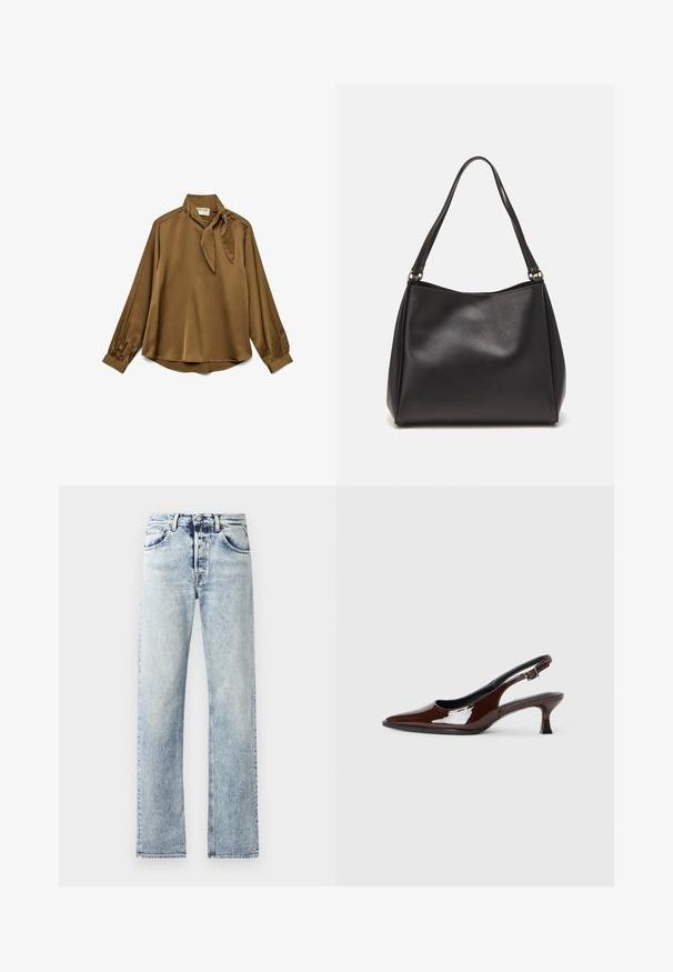 Smeđa svila bluza s kragnom na vezanje, dugim rukavima i dugmadi na ramenima. Mekana tekstura i opušten kroj.; Svijetloplave traperice s ravnim krojem. Značajke uključuju pet džepova, petlje za remen i poderaniks na dnu.; Smeđe patentne kožne cipele s otvorenom petom, špicastim vrhom i umjerenom petom. Imaju remen s kopčom za sigurno pristajanje. Glatka tekstura.; Crna torba od sintetičke kože s mekom teksturom, hobo oblikom i dvostrukim naramenicama; ima sjajni završetak i minimalistički dizajn.