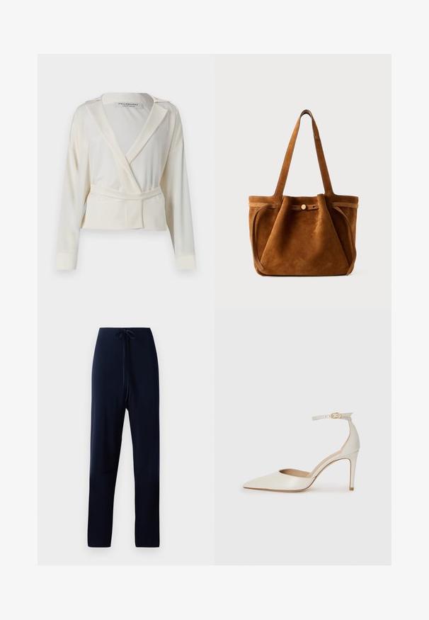 Lühike bleiser kreemjas satäänis, millel on mähistegevus, sakilised krae, pikad varrukad ja vöö enda sidumiseks talje juures.; Tumed sinised püksid pehmest kangast, millel on paelatõmbe vöökoht, sirged sääred ja sile tekstuur, ilma mustrite või aktsentideta.; Valgete nahast kõrge kontsaga kingad, terava varbaga, ankle strapiga ja kitsaste stiletto kontsadega. Sile tekstuur koos peene läikega.; Pruun nahast kott kahe käepidamega, nuppude sulgemise rihmaga ja lõdva, veidi langetatud kujuga.