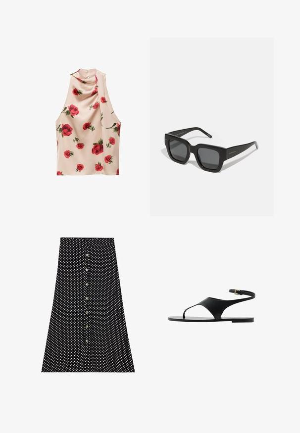 Bezramenná blúzka v svetlej béžovej látke s jemnou, voľne strihanou textúrou. Obsahuje potlač červených ruží a uzáver na gombík na zadnej strane.; Čierna sukňa s bielymi bodkami, s gombíkovým zapínaním vpredu, rozšíreným strihom a elastickým pásom. Hladká textúra látky.; Čierne ploché sandále s minimalistickým dizajnom, vybavené jediným pásikom a prackou na členku. Vyrobené z hladkého materiálu s plochou podrážkou.; Čierne štvorcové slnečné okuliare s tmavými sklami, hrubým plastovým rámom a elegantnými stranami. Na boku sú umiestnené jemné logo.