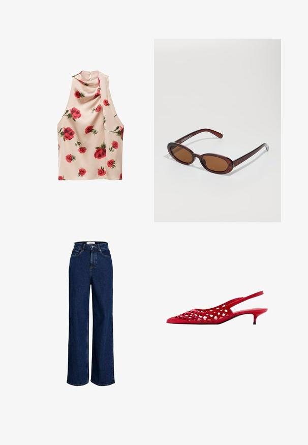 Bezramenná blůza ve světle béžovém materiálu s jemnou, splývavou strukturou. Obsahuje potisk červených růží a zapínání na knoflík na zadní straně.; Džíny s vysokým pasem, tmavě modré, s širokými nohavicemi, předním zapínáním na knoflík a pěti kapsami.; Červená lodička na nízkém podpatku s vykrojeným mřížkovaným nástavcem, špičatou špičkou a lesklým povrchem. Černá podešev s malým podpatkem.; Kulaté sluneční brýle hnědé barvy s lesklým burgundským rámem. Úzké nožičky s jemným logem. Rovné čočky.