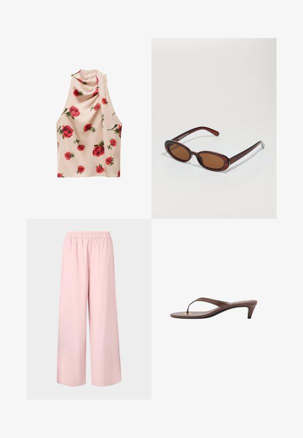 Top senza maniche in tessuto beige chiaro con una texture morbida e fluida. Presenta una stampa floreale con rose rosse e una chiusura a bottone sul retro.; Pantaloni rosa a gamba larga con vita elastica e texture liscia, caratterizzati da una vestibilità ampia e un taglio dritto dalla vita all'orlo.; Infradito con tacco marroni, dotati di una fascia sottile e un puntale arrotondato, con un piccolo dettaglio dorato sulla soletta.; Occhiali da sole rotondi con tonalità marrone, montatura lucida color bordeaux. Aste sottili con un sottile dettaglio del marchio. Design delle lenti piatte.; Borsa intrecciata beige con silhouette curvata e manico spesso, caratterizzata da un design strutturato e testurizzato con un sottile accento del logo.