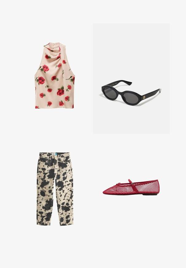 Bluză fără mâneci dintr-un material bej deschis, cu o textură moale și unduitoare. Prezintă un imprimeu floral cu trandafiri roșii și o închidere cu nasturi la spate.; Blugi din bumbac bej, cu un model de stropi negri, având picioare drepte, cinci buzunare și accesorii din metal. Marginile curate la tivuri.; Balerini roșii din plasă cu vârful ascuțit, prezentând o curea subțire și un detaliu cu cataramă. Partea superioară are un model deschis, în formă de fagure.; Ochelari de soare ovali negri cu lentile întunecate și ramă din plastic lucios. Prezintă un logo aurit pe bradă, oferind un design elegant și modern.
