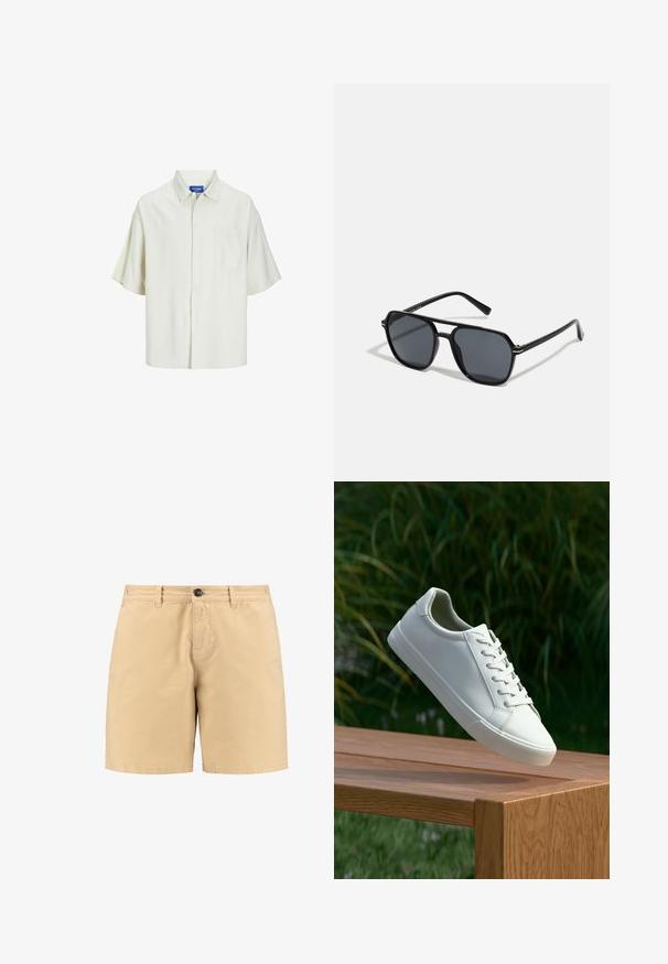 Cămașă cu mânecă scurtă, dintr-o țesătură crem deschis, având un singur buzunar pe piept, croială lejeră și un design clasic al gulerului.; Shorts din bumbac bej, cu închidere prin buton, buzunare frontale și mânere pentru curea. Design simplu, cu croială dreaptă și textură netedă.; Adidași albi cu șireturi, suspendați deasupra unei bănci din lemn, având în fundal frunze verzi, evidențiind designul și textura încălțămintei.; Ochelari de soare negri cu ramă octogonală, lentile întunecate, finisaj lucios, temple subțiri și accente aurii în partea din față.