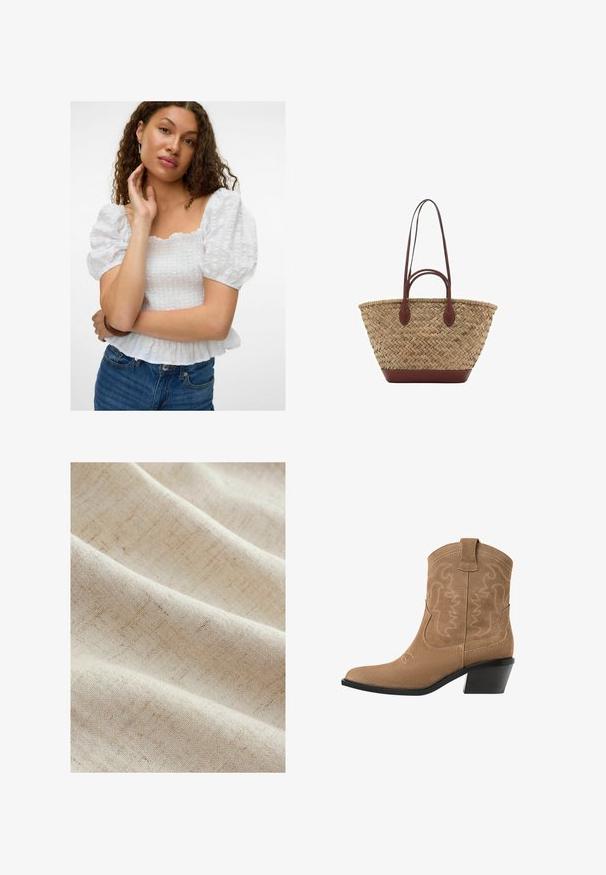 Blouse blanche à manches bouffantes avec un décolleté carré, un corps texturé et un ourlet volanté. Associée à un jean en denim taille haute.; Un tissu beige clair présentant une texture subtile avec de légères lignes, créant une apparence douce et tissée. Il tombe harmonieusement en plis délicats.; Bottines western en daim marron avec un bout pointu, un design brodé et un petit talon noir empilé. Comprend des tirettes pour un enfilage facile.; Sac fourre-tout en paille tissée avec une texture tressée, anses et base en cuir marron foncé, forme circulaire large et design ouvert en haut.