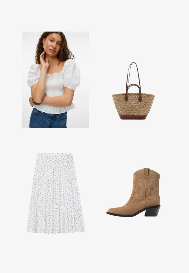 Bílá blůza s nafouknutými rukávy a čtvercovým výstřihem, s texturovaným tělem a volánovým lemem. V kombinaci s džíny s vysokým pasem.; Květinová sukně vyrobená z lehkého materiálu, s bílým pozadím a malými modrými květy, s vrstveným designem a elastickým pasem.; Hnědé semišové westernové kotníkové boty s špičatou špičkou, vyšívaným designem a nízkým, zúženým černým podpatkem. Obsahují poutka pro snadné obouvání.; Tkaná slaměná taška s pletenou texturou, tmavě hnědé kožené uchy a dnem, široký kulatý tvar a otevřený vrchní design.
