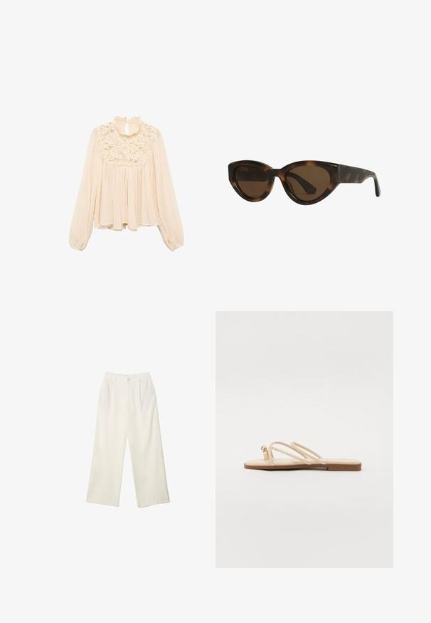 Vaaleanbeige pusero, jossa on pitkät puffihihat, röyhelökaulus ja pitsiyksityiskohtia rinnassa; pehmeää, valuvaa kangasta, jossa on pystypleateilla.; Kermanhousut vaaleassa kankaassa, jossa on sileä rakenne, yksittäinen etunappi, hienovaraiset laskokset ja korkea vyötärömuotoilu.; Beige litte sandaalit, joissa on kolme ohutta remmiä ja pieni pyöreä kultainen yksityiskohta. Sileä materiaali minimalistisella muotoilulla ja ruskea pohja.; Kilpikonnakuorinen kissansilmälasityyli aurinkolasit ruskeilla linsseillä, joissa on sileät, kiiltävät muovikehykset ja kuitenkin tyylikäs muotoilu. Ei näkyviä logoja tai koristeita.; Tory Burch RADZIWILL COLOR-BLOCK PEBBLED PETITE DOUBLE BAG - Käsilaukku - wild mushroom; Valkoinen hiuspinni, joka on muotoiltu kukaksi ja siinä on vaaleankeltainen sävyltään kapeneva väri, varustettuna jousimekanismilla ja sileällä muovipinnalla.
