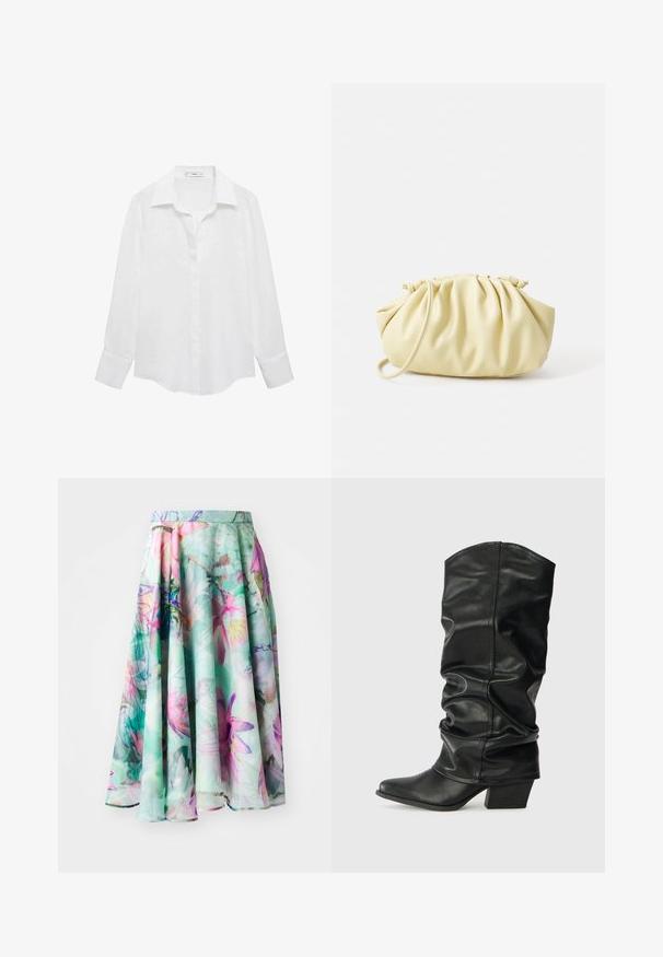 White long-sleeve shirt featuring a classic collar, button closure, and a smooth, light fabric. Hem is slightly curved at the sides.; Marc Cain A-line skirt - light green; Black leather knee-high boots with a slouched design, pointed toe, and a chunky heel, featuring smooth texture and minimal stitching.; Yellow pleated handbag made of smooth faux leather, featuring a soft shape with a single shoulder strap and gathered top design.; Red beaded hoop earrings with a textured surface and a gold-tone post fastening. Circular shape with open center and rounded bead detailing.