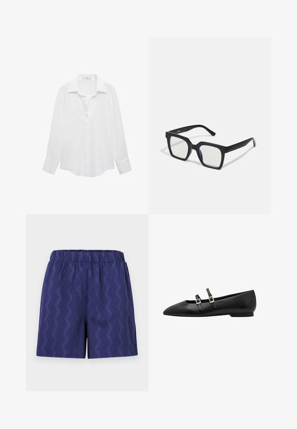 Biała koszula z długim rękawem z klasycznym kołnierzykiem, z zapięciem na guziki i gładkiego, lekkiego materiału. Hem jest lekko zaokrąglony po bokach.; Granatowe szorty z teksturowanym wzorem zygzaka, z elastycznym paskiem w talii dla wygody i luźnego kroju. Wykonane z lekkiego materiału.; Czarne skórzane płaskie buty z ostro zakończonym noskiem, z dwiema czarnymi paskami i złotymi, prostokątnymi klamrami. Gładka tekstura i niski profil podeszwy.; Czarne okulary przeciwsłoneczne w matowym wykończeniu, z przezroczystymi soczewkami i lekko niebieskim odcieniem z jednej strony. Solidny, kanciasty design.; Beżowa torba na ramię z unikalnym trójkątnym kształtem, szerokimi ramiączkami oraz widocznymi detalami szwów, które dodają struktury.