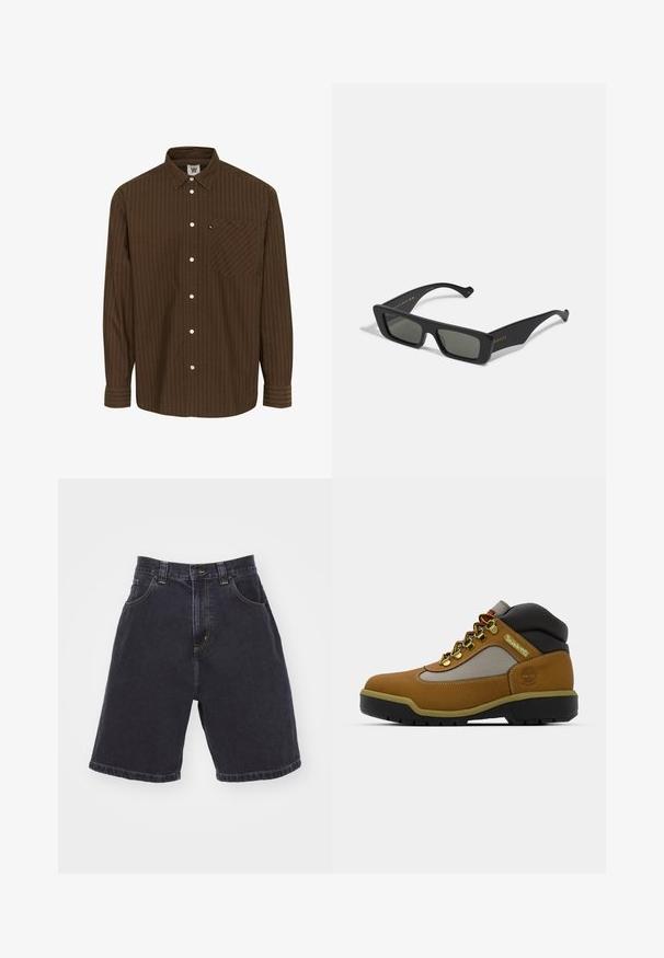 Brunrandig skjorta med knappar, krage, långa ärmar och bröstficka; har vita knappar och en texturerad tyg.; Mörka denimshorts med hög midja, med två framfickor, kontrasterande gul sömnad och rak skärning med fållad kant.; Brun vandringskänga med grå och svarta accenter, texturerad läderöverdel, metalöglor och en robust gummisula för grepp.; Svarta rektangulära solglasögon med mörka linser, tillverkade av slät plast. Har guldtext på sidan, eleganta skalmar och en modern design.