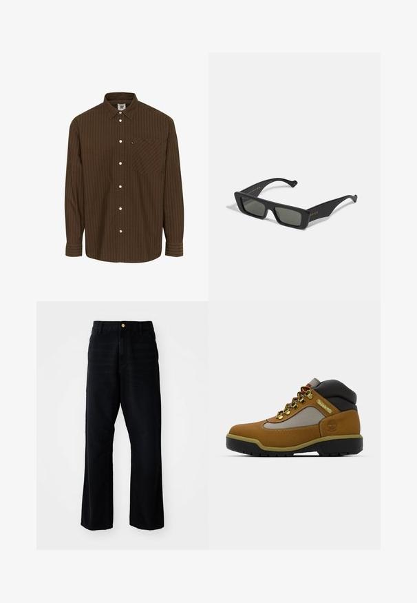 Bruin gestreept overhemd met knopen, met een kraag, lange mouwen en een borstzak; heeft witte knopen en een gestructureerde stof.; Zwarte denim broeken met een relaxed fit, voorzien van een gouden knoop, vijf-pocket ontwerp en rechte pijpen. Glad materiaal.; Bruine wandelschoen met grijze en zwarte accenten, bovenwerk van gestructureerd leer, metalen oogjes en een robuuste rubberen zool voor grip.; Zwarte rechthoekige zonnebril met donkere lenzen, gemaakt van glad plastic. Voorzien van gouden letters aan de zijkant, slanke pootjes en een modern ontwerp.