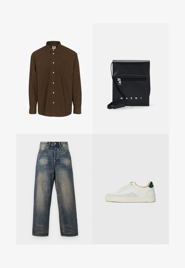 Smeđi prugasti košulja s dugim rukavima i ovratnikom, s džepom na prsima; ima bijele gumbe i teksturiranu tkaninu.; Svijetloplave traperice širokog kroja s oštećenim dijelovima i bijelim mrljama boje. Zatvaranje na dugme i dizajn s pet džepova.; Bijele tenisice s akcentima od antilopa, zaobljenim vrhom, ravnim vezicama i krem gumenim potplatom. Imaju zelenu oznaku na peti.; Crna kožna torba preko tijela s prednjim džepom na zip, utisnutim logotipom i podesivim remenom. Glatka tekstura s oblikom koji zadržava strukturu.