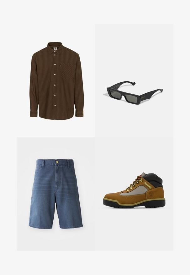 Camisa marrón a rayas con cuello, de manga larga y bolsillo en el pecho; presenta botones blancos y una tela texturizada.; Shorts de mezclilla en azul oscuro, con cierre de botón, presillas para cinturón y dos bolsillos frontales. Textura suave con corte recto.; Bota de senderismo marrón con acentos grises y negros, upper de cuero texturizado, ojales de metal y una suela de goma resistente para tracción.; Gafas de sol rectangulares negras con lentes oscuros, hechas de plástico suave. Presentan lettering dorado en el lateral, brazos elegantes y un diseño moderno.