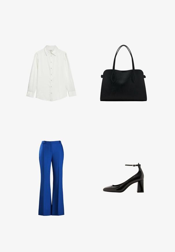 Biała koszula z długim rękawem o klasycznym kołnierzyku, z przodu zapinana na guziki, o gładkiej fakturze materiału. Posiada mankiety zapinane na guziki oraz dopasowany krój.; Dzwony niebieskie spodnie wykonane z teksturowanej tkaniny, z dopasowanym stanem i detalem wzdłuż przodu, odpowiednie do noszenia zarówno na formalne, jak i codzienne okazje.; Czarne, lakierowane szpilki z zapięciem na kostce o błyszczącym wykończeniu, z wydłużonym noskiem i grubym obcasem. Gładka struktura, minimalne detale.; Czarna skórzana torba na ramię z podwójnymi paskami, prostokątny kształt i minimalistyczny design na białym tle.