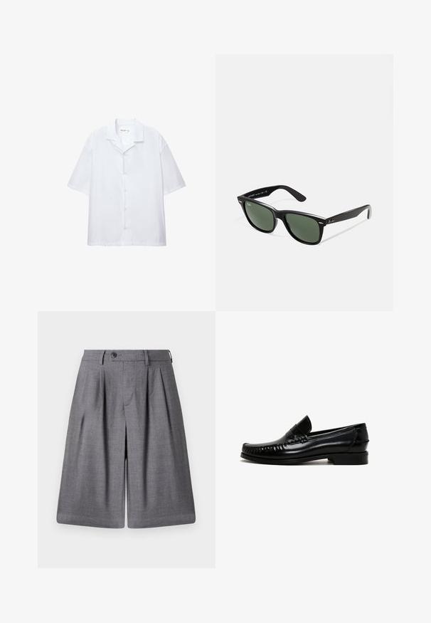 Biała koszula z krótkim rękawem, wykonana z gładkiego materiału, z klasycznym kołnierzykiem i luźnym krojem. Brak widocznych wzorów lub akcentów.; Szare, dopasowane szorty wykonane z gładkiego materiału, z plisami, zapięciem na guzik oraz sztywną talią dla dopasowanego fasonu.; Czarne skórzane mokasyny z zaokrąglonym czubkiem, przeszyciem wzdłuż krawędzi i niskim, blokowym obcasem. Gładka faktura i minimalistyczny design.; Czarne plastikowe okulary przeciwsłoneczne z zielonymi szkłami, kwadratowe oprawki, srebrny akcent na brwi oraz fakturowane ramiona temple. Nazwa marki podana na wewnętrznej stronie ramion.
