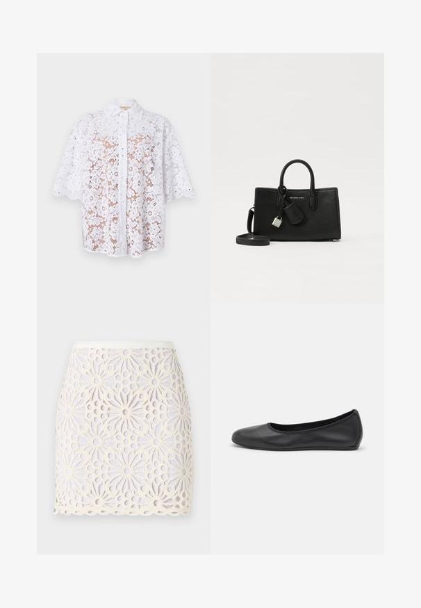 Bílá krajková blůza s límečkem, krátkými rukávy, květinovými vzory a zvlněnými okraji, se zapínáním na knoflíky v přední části.; Bílá krajková mini sukně s květinovými vzory a výřezovými detaily. Lem je scalloped a pás je hladký s mírným leskem.; Černé kožené baletní byty s kulatou špičkou, hladkou texturou, minimálními švy a flexibilním designem podrážky.; Černá kožená kabelka se strukturovaným designem, horními uchy a odnímatelným popruhem přes tělo. Obsahuje kovový zámek a detail loga.