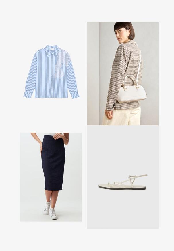 Chemise rayée bleue et blanche à manches longues, avec un col pointu et une fermeture à boutons, présentant des détails en dentelle sur le côté gauche.; Jupe midi bleu marine avec une finition texturée, taille haute et fente latérale. Associée à des baskets blanches pour un look décontracté.; Sandale plate beige avec plusieurs fines lanières et une boucle réglable. La semelle est plate avec un léger contraste sombre sur le bord.; Sac à main structuré blanc avec de courtes poignées et une bandoulière, doté de accents en métal doré et d'un matériau texturé, présenté sur un fond gris.