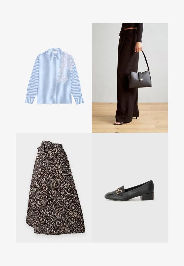 Camisa de listras azuis e brancas com mangas longas, colarinho pontudo e fecho por botões, apresentando um detalhe de renda no lado esquerdo.; Saia maxi de padrão de leopardo em castanho e preto, feita de tecido suave, com uma cintura amarrada e design plissado para uma silhueta fluida.; Mocassins de couro preto com um salto baixo, apresentando um detalhe decorativo em metal dourado na parte da frente e uma textura suave.; Bolsa preta com forma estruturada, textura suave e um fecho metálico. Combinada com calças largas pretas e sandálias de salto aberto sobre um chão de madeira.