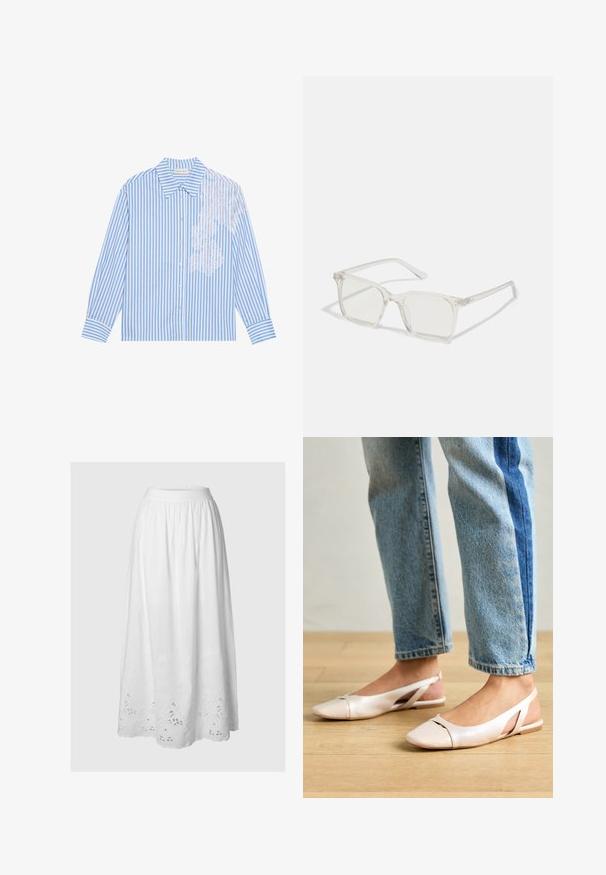 Mėlyna ir balta dryžuota marškinė su ilgamis rankovėmis, šviesiai suformuotu apykakle ir sagčių uždarymu, turinčios nėrinių detalę kairėje pusėje.; Balta midi sijonas su elastine juosta, papuoštas gėlėmis siuvinėjimu ir išpjovomis apatine dalimi, pagamintas iš lengvos medžiagos.; Šviesiai rožiniai slingback baleto bateliai su smailiu pirštu, pagaminti iš lygios odai panašios medžiagos. Yra išpjovimų detalės šonuose ir plokščias kulnas.; Permat nuleidžiai skaidrūs kvadrato formos akinius su permatomais lęšiais, kurie turi auksines detales ant šventyklų.; Balta struktūruota rankinė su trumpomis rankenomis ir peties diržu, su auksinėmis detalėmis ir tekstūruota medžiaga, pastatyta prieš pilką foną.