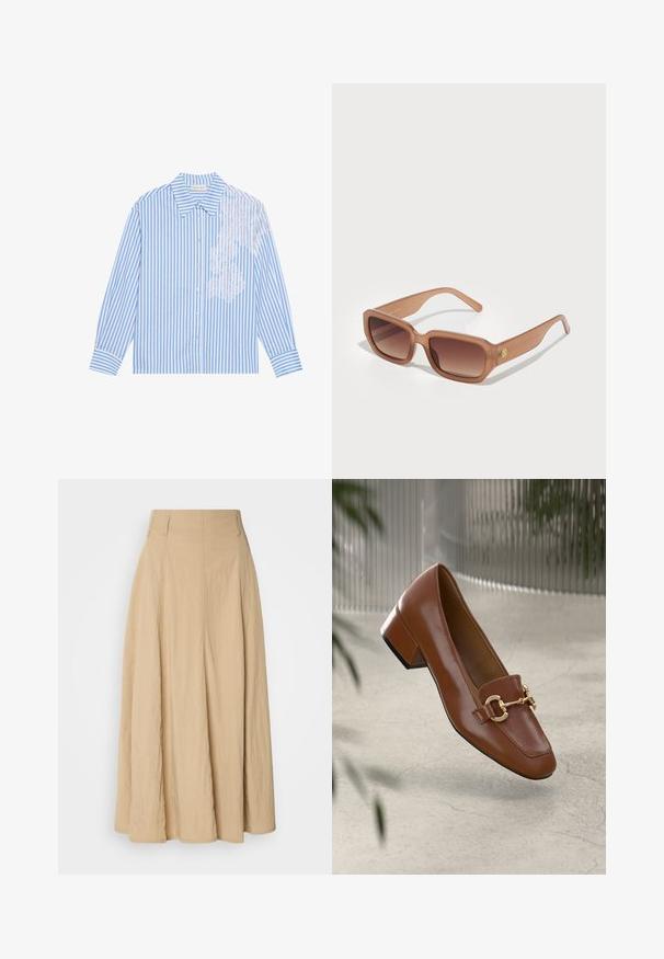 Camisa de rayas azul y blanca con mangas largas, cuello de punta y cierre de botones, con detalle de encaje en el lado izquierdo.; Falda maxi de talle alto color beige, elaborada con tela texturizada, que presenta pliegues que caen hacia abajo, con un diseño limpio y sencillo sin patrones visibles.; Mocasines de charol marrón con punta cuadrada, acento de cadena metálica y tacón bajo; textura suave, diseño minimalista.; Gafas de sol rectangulares marrones con lentes en degradé, montura gruesa y un detalle de logo en el lateral. Material de plástico suave, diseño minimalista.