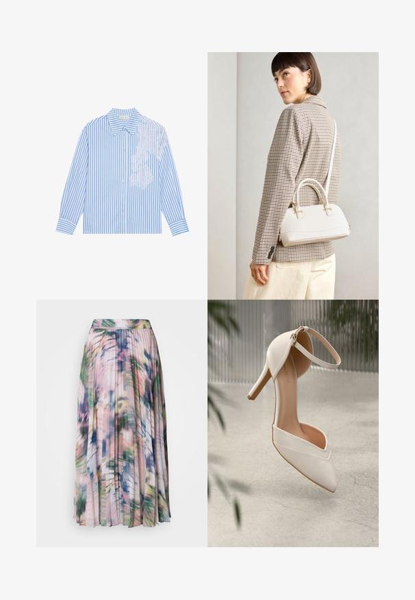 Plava i bijela prugasta košulja s dugim rukavima, oštrim ovratnikom i kopčanjem na gumbe, s čipkastim detaljem na lijevoj strani.; Plisirana midi suknja od laganog, prozirnog materijala. Sadrži višebojni apstraktni cvjetni uzorak u nijansama ružičaste, zelene i plave.; Bijela visoka potpetica u glatkom materijalu s oštrim vrhom i remenom oko gležnja. Ima svijetlosmeđi unutrašnjost i akcentu u zlatnoj boji.; Bijela strukturna torba s kratkim ručkama i remenom za rame, s zlatnim metalnim detaljima i teksturiranim materijalom, prikazana na sivoj pozadini.; Bijela strukturna torba s kratkim ručkama i remenom za rame, s zlatnim metalnim detaljima i teksturiranim materijalom, prikazana na sivoj pozadini.