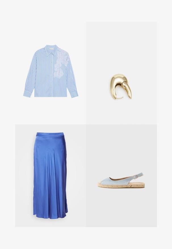 Blue and white striped shirt with long sleeves, a pointed collar, and button closure, featuring lace detail on the left side.; Esprit SKIRT - A-line skirt - ink; Light blue espadrille with a slingback design, featuring a rounded toe, jute sole, and flat heel. Soft texture with minimal stitching details.; Gold-tone metal earring with a sleek, curved design. Features a distinctive pointed shape, polished surface, and hinge closure.