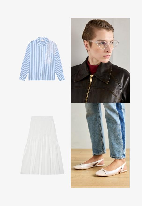 Chemise rayée bleue et blanche à manches longues, avec un col pointu et une fermeture à boutons, présentant des détails en dentelle sur le côté gauche.; Jupe blanche, arrivant au genou, en coton. Présente des détails froncés à la taille, une texture lisse et une silhouette A-line simple et classique.; Ballerines slingback rose pâle avec un bout pointu, fabriquées en un matériau semblable au cuir lisse. Présentent des découpes sur les côtés et un talon plat.; Lunettes en acétate transparent en forme de yeux de chat avec des verres jaunes, portées par une personne en veste en cuir noir et en col roulé rouge. Texture lisse.