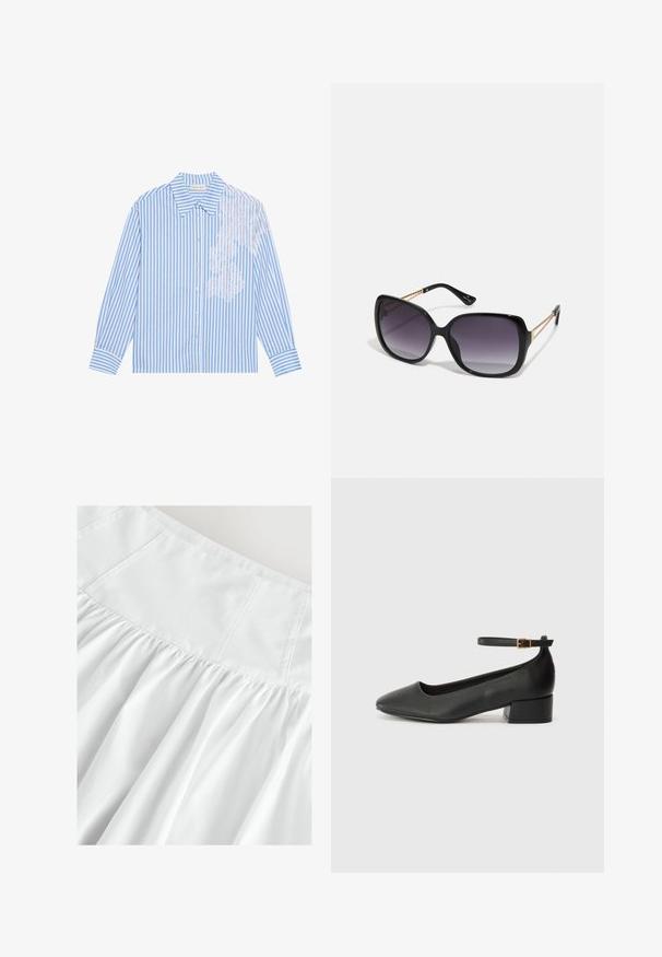 Chemise rayée bleue et blanche à manches longues, avec un col pointu et une fermeture à boutons, présentant des détails en dentelle sur le côté gauche.; Jupe blanche avec un haut ajusté et une texture plissée. Fait en tissu léger, avec des coutures subtiles et un drapé doux et fluide.; Escarpin en cuir noir avec un bout pointu et un petit talon bloc. Doté d'une bride de cheville avec une boucle dorée. Texture lisse.; Lunettes de soleil noires surdimensionnées avec des verres dégradés, monture épaisse et détails en chaîne dorée sur les branches.