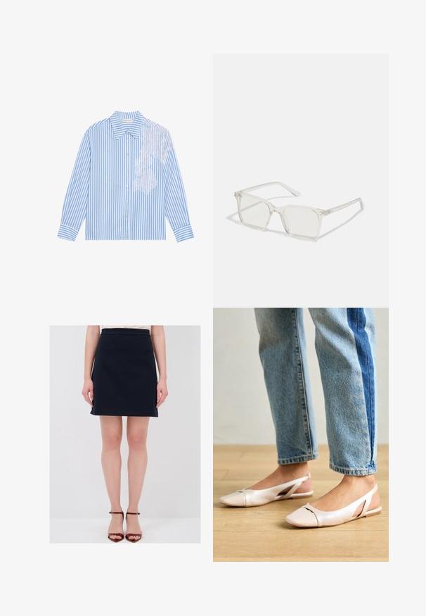 Blauw-wit gestreepte blouse met lange mouwen, een puntige kraag en knoopsluiting, met kantdetails aan de linkerkant.; Navyblauwe knie-lange rok met een aansluitende taille, een gladde stof en discrete zijzakken. Gecombineerd met bruine sandaaltjes met hakken.; Zachtroze slingback ballerina's met een spitse neus, gemaakt van een glad leerachtig materiaal. Bevat uitsnijdingen aan de zijkanten en heeft een platte hak.; Heldere plastic vierkante monturen met doorzichtige glazen, gekenmerkt door gouden accenten op de slapen voor extra detail.; Witte gestructureerde handtas met korte handvatten en een schouderband, voorzien van gouden hardwareaccenten en een textuurmateriaal, tentoongesteld tegen een grijze achtergrond.
