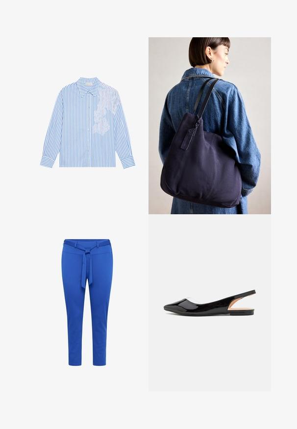 Kék és fehér csíkos ing, hosszú ujjakkal, hegyes gallérral és gombos záródással, bal oldalon csipke részlettel.; Kék, karcsú szabású nadrág rugalmas anyagból, övvel a derekán, sima textúrával és térd alatt végződő hosszúsággal.; Fekete patent bőr slingback lapos cipők hegyes orral, átlátszó oldalsó panellel és lapos talppal, sima, fényes felülettel.; Tengerészkék vászon válltáska, puha, struktúrált formával, fekete pánttal, varrott részletekkel és egy kis márkajelzéssel.