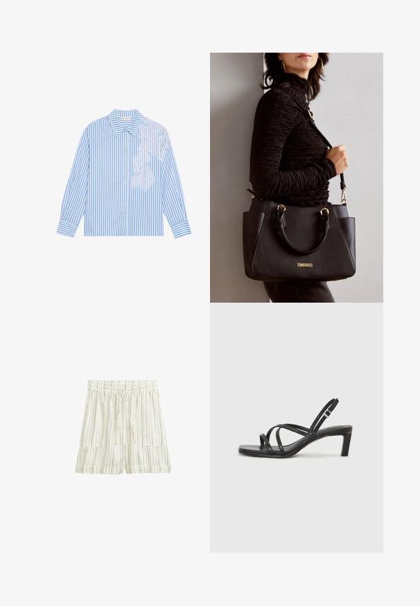 Plava i bijela prugasta košulja s dugim rukavima, oštrim ovratnikom i kopčanjem na gumbe, s čipkastim detaljem na lijevoj strani.; Šortsevi od mješavine lana u svijetloj krem boji s вертикалnim prugama, elastičnom strukom, podesivom vezicom i dva prednja dzepa.; Crne sandale s trakama, kvadratnim prstom i niskom blok petom. Ima više tankih trakica i podesivu trakicu oko gležnja. Izrađene su od glatke kože.; Crna torba s teksturiranom površinom, dvostrukim gornjim ručkama i podesivom remenom za rame. Ima zlatne metalne detalje i bočne džepove.