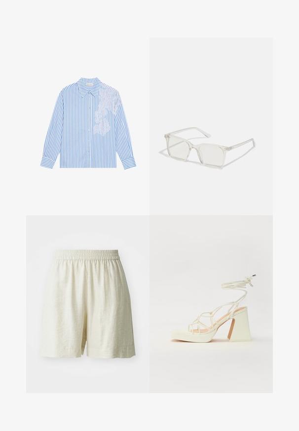 Zila un balta svītraina krekls ar garām piedurknēm, ar smailu apkakli un pogu aizdari, ar mežģīņu detaļu kreisajā pusē.; Linu šorti, krēma krāsā, ar elastīgu jostasvīru un brīvu piegriezumu. Vienkāršs dizains, gluda tekstūra, bez redzamām rakstu vai metāla detaļām.; Baltas augstpapēžu sandales ar masīvu papēdi, ar siksnu dizainu un potītes saistītiem elementiem. Gluda tekstūra ar platformu priekšpusē, lai nodrošinātu papildu augstumu.; Caursplūstošas kvadrātveida brillēs ar caurspīdīgiem lēcām, ar zelta akcentiem uz tempļiem, lai pievienotu detaļas.; Brūns ādas plecu soma ar izliekta formu, zelta piederumiem un sprādzes akcentu. Iesaiņota ar noņemamu plecu siksnu.