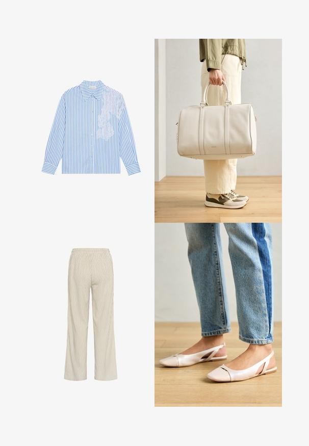 Blue and white striped shirt with long sleeves, a pointed collar, and button closure, featuring lace detail on the left side.; Light beige striped pants with a loose fit, featuring an elastic waistband and vertical lines that create a textured appearance.; Pale pink slingback flats with a pointed toe, made from a smooth leather-like material. Features cut-out details at the sides and a flat heel.; White leather duffel bag with two sturdy handles, featuring a smooth texture and subtle logo details, held by a person in light pants.