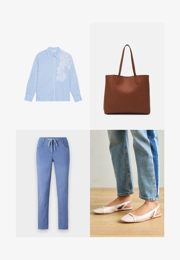 Blauw-wit gestreepte blouse met lange mouwen, een puntige kraag en knoopsluiting, met kantdetails aan de linkerkant.; Lichtblauwe broek met een trekkoord in de taille, twee voorzakken en een slim fit. De stof heeft een zachte textuur met subtiele stikseldetails.; Zachtroze slingback ballerina's met een spitse neus, gemaakt van een glad leerachtig materiaal. Bevat uitsnijdingen aan de zijkanten en heeft een platte hak.; Bruine leren tote bag met een gladde textuur, een ontwerp met een open bovenkant en twee schouderbanden. Kenmerkt zich door minimale stiksels en geen zichtbare hardware.